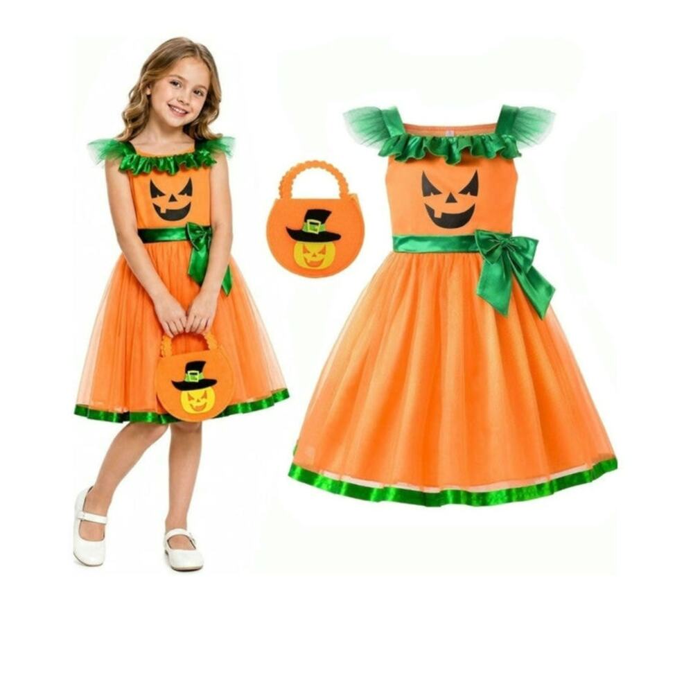Girls Pumpkin Halloween Costume Dress Bag NWT Size 8/130 ReliBeauty